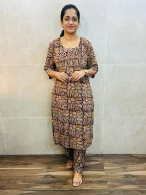 Natural dyed Kalamkari printed cotton top (cotton lining) paired with Kalamkari bottom (free size)