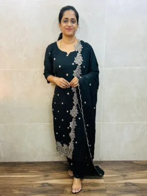 (Black)Soft silk top(full cotton lining) with allover embroidered buttas paired with embroidered soft silk dupatta and silk bottom(free size)