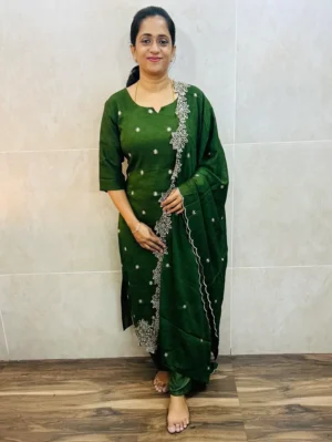 (Green)Soft silk top(full cotton lining) with allover embroidered buttas paired with embroidered soft silk dupatta and silk bottom(free size)