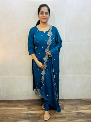 (Teal blue)Soft silk top(full cotton lining) with allover embroidered buttas paired with embroidered soft silk dupatta and silk bottom(free size)