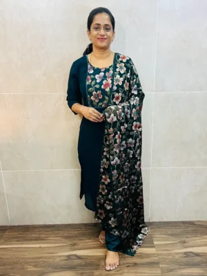 Georgette top (full crepe lining) with brasso patchwork on yoke paired with brasso dupatta and silk bottom (free size)
