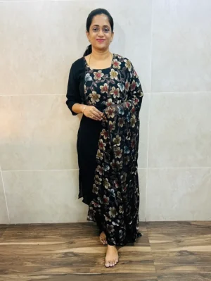 Georgette top (full crepe lining) with brasso patchwork on yoke paired with brasso dupatta and silk bottom (free size)