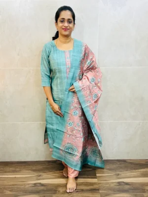 Premium printed semi Tussar top(cotton lining)paired with semi Tussar dupatta and silk bottom(free size)