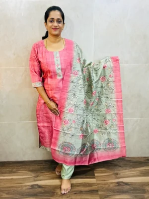 Premium printed semi Tussar top(cotton lining)paired with semi Tussar dupatta and silk bottom(free size)