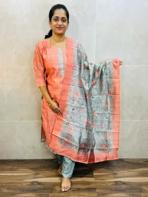 Premium printed semi Tussar top(cotton lining)paired with semi Tussar dupatta and silk bottom(free size)