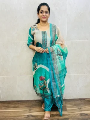 Printed soft tissue silk top (full crepe lining) paired with soft tissue silk dupatta and silk bottom (free size)