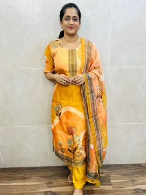 Printed soft tissue silk top (full crepe lining) paired with soft tissue silk dupatta and silk bottom (free size)