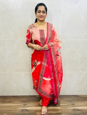 Red - Printed soft tissue silk top (full crepe lining) paired with soft tissue silk dupatta and silk bottom (free size)