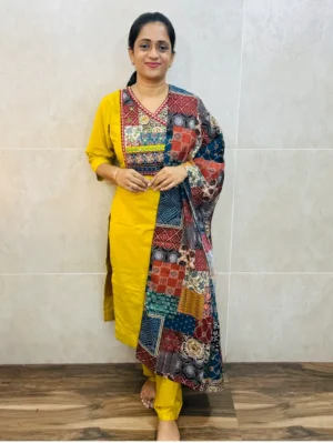 Premium cotton top(cotton lining) with mirror and patchwork on yoke pared with printed cotton dupatta and cotton bottom(free size)