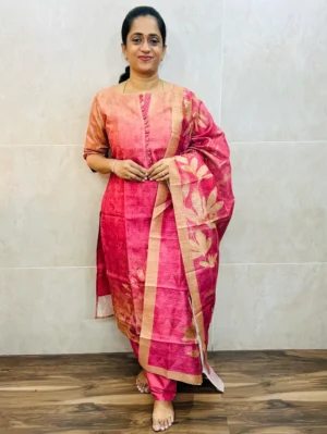 Printed semi jute cotton top(cotton lining) paired with jute cotton dupatta and silk bottom(free size)