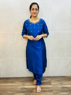 Premium silk cotton top (cotton lining) with exclusive handwork on yoke paired with silk cotton bottom (free size)